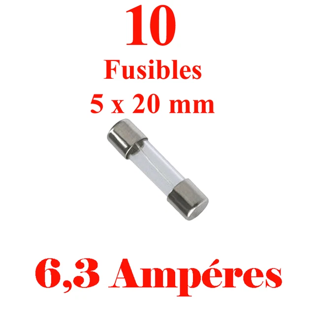 10 Fusibles Verre 5 X 20 mm Puissance 6,3 Ampéres Qualité Retarde