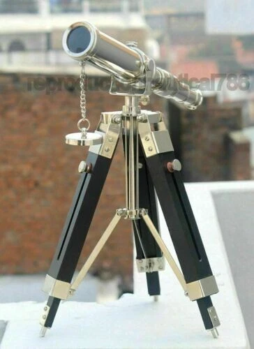 Telescope W/Handmade Black Wooden Tripod Stand Brass Nautical Silver Desk Gift