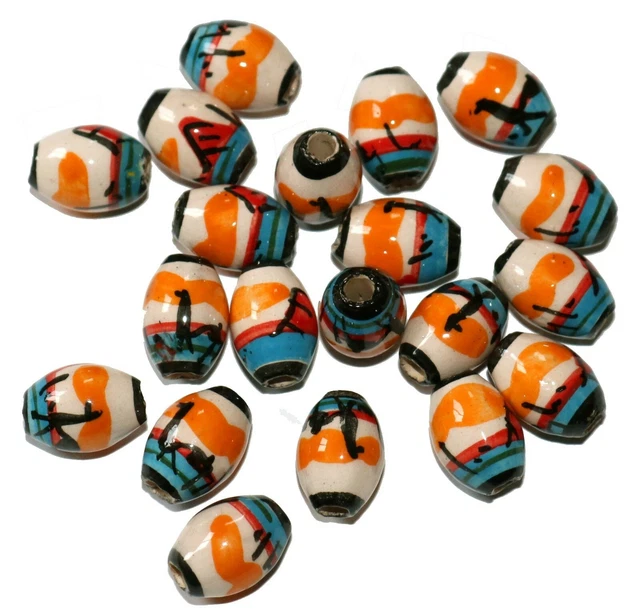 20 Keramik Perlen Peru,14 mm,Olive oval gelb blau Lama Inka Muster,Schmuck Perle