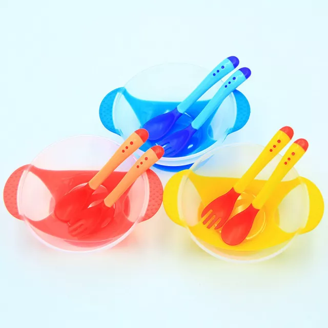 3X Baby Kid Anti Slip Feeding Tableware Set Suction Food Bowl Sensing Spoon Fork 3