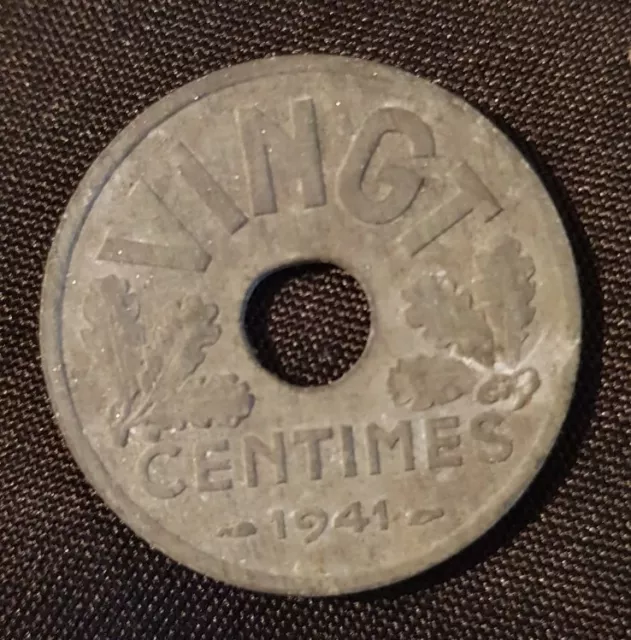 Pièce 20 centimes 1941 Type VINGT Etat Français Zinc