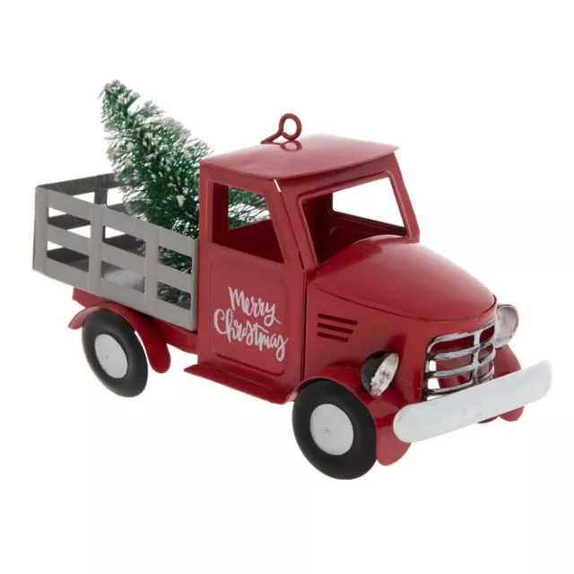 Red Merry Christmas Old-school Truck Ornaments W/ Flocked Bottle Brush XMAS Tree