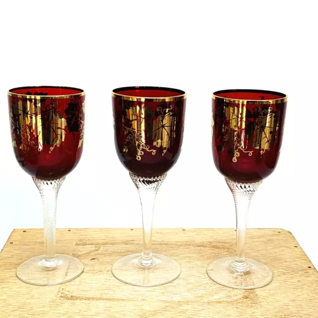 Bohemia Czech Crystal Ruby Red Wine Glass Set of 3 RARE Vintage Gold Trim 2