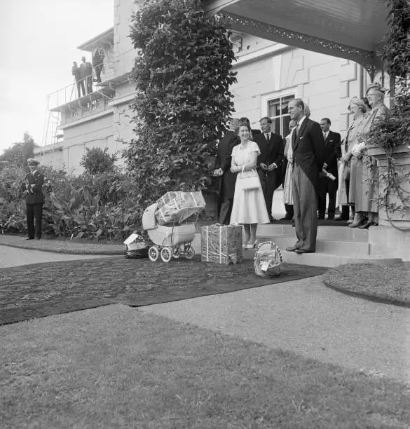 Queen Elizabeth II & Prince Phillip receiving Christmas presents 1950s Old Photo