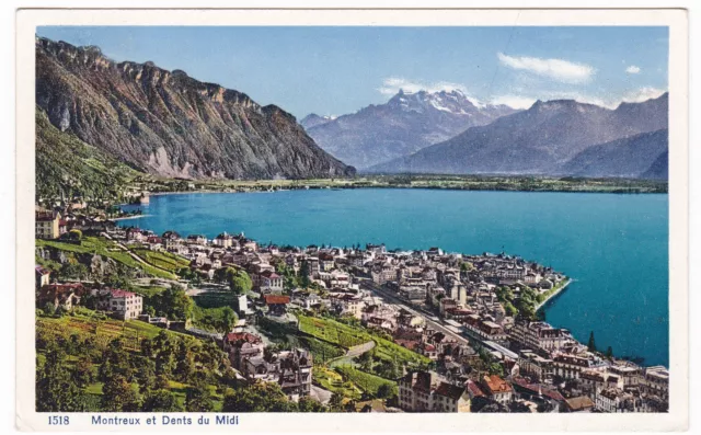Postcard Montreux et Dents du Midi old view colourful 1935 Switzerland Lake Geneva mountain range