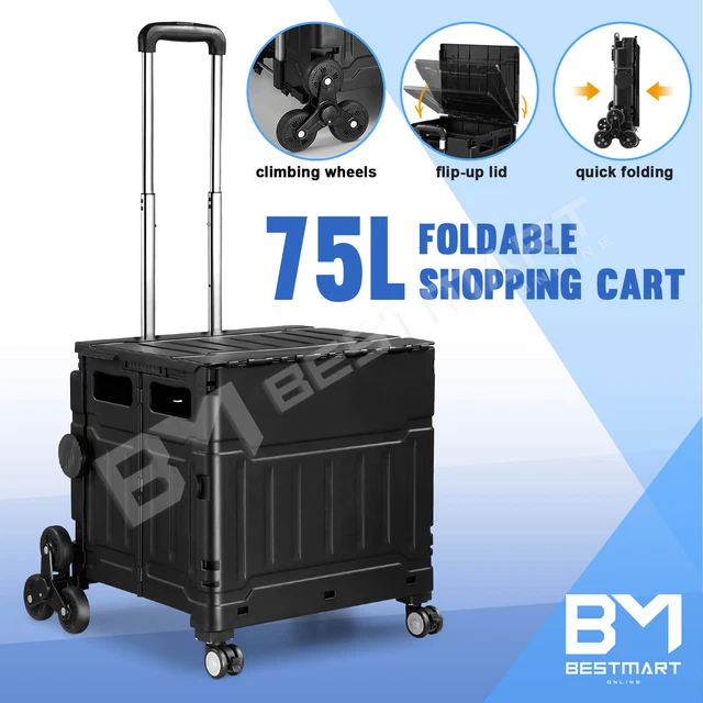 Folding Shopping Cart Trolley 75L Grocery Storage Basket Climbing Wheels Crate