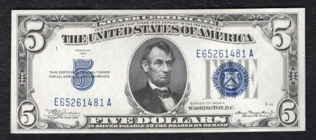 1934-A $5 Five Dollars Silver Certificate Currency Note Gem Uncirculated