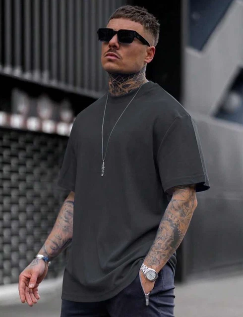 Mens Heavy Oversized T-Shirt Short Sleeve Baggy Thick Top Long Wide Dark Grey M