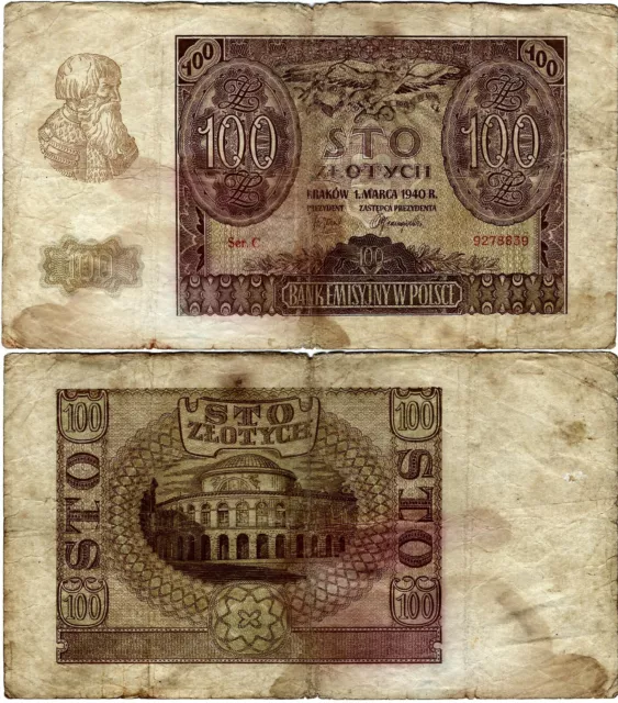 Polen Banknote 100 Złotych 1940 EMISSION BANK IN POLAND ZWK-32 Ro.577  P-97