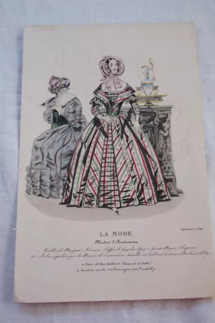 GRAVURE COULEURS LA MODE 1840-OLD FASHION PRINT XIXe SIECLE COSTUME MD98