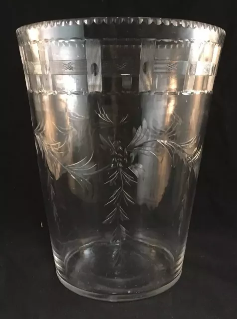 Antique Large Signed Hawkes Wheel Cut Etched Glass Vase With Cut Floral Swags