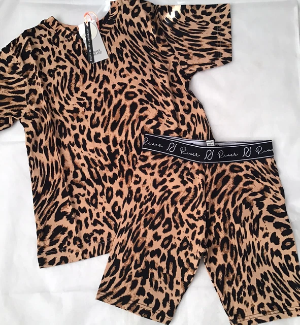 Set pantaloncini da ciclismo mini ragazze età 2-3 anni stampa leopardata River Island nuovi con etichette 2
