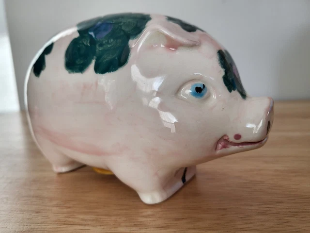 Ceramic Pink Piggie Bank Floral Pattern Artists Signed Original Stopper