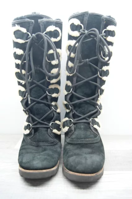 Ugg Tall Rommy Black Suede Leather Lace Up Sheepskin Women's Boots Size 8
