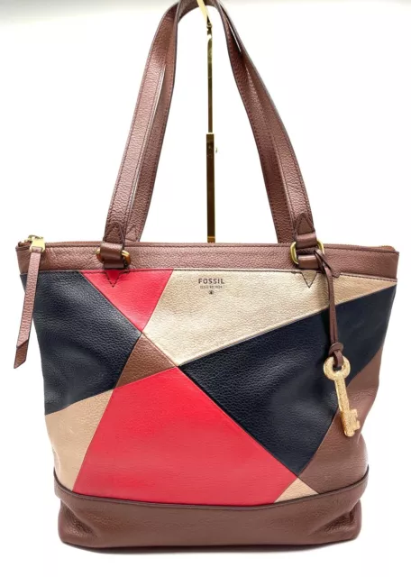 Fossil Shopper Shoulder Bag Tote Handbag Leather Multi Red Brown Black Patchwork