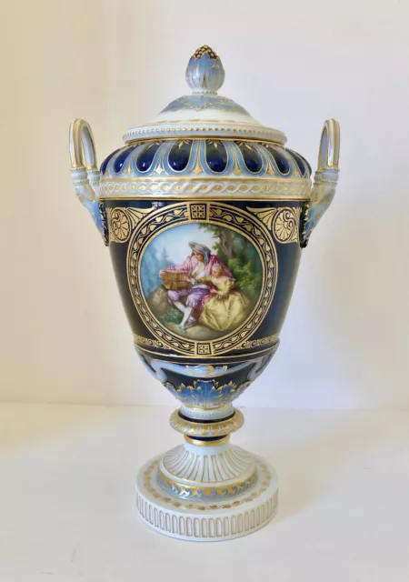 Antique KPM Royal Berlin Covered Urn or Vase, Watteau Scene, Floral