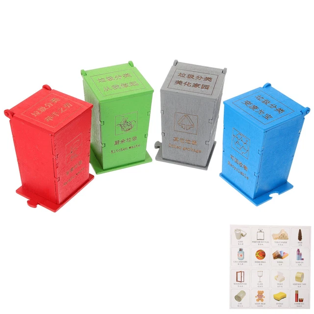 Mini Wooden Trash Cans Curbside Garbage Bin Woody Toys Puzzle