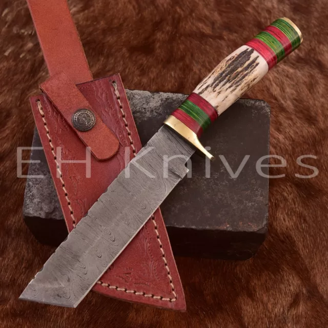Custom Handmade 1095 Damascus Steel Bowie Hunting Knife Stag antler Handle 3211