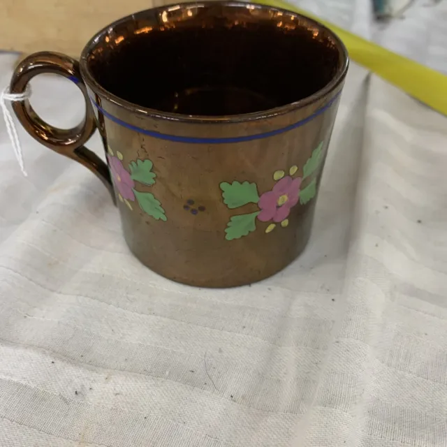 Antique Victorian English Copper Lustre Mug Blue Band w  Flowers “dd”