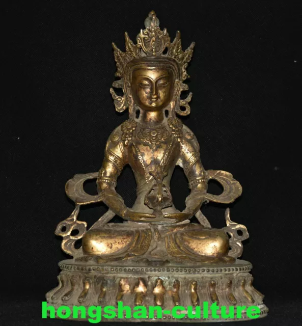 11.4 '' Vieux Bronze Doré Amitayus longévité Dieu Déesse Statue de Bouddha