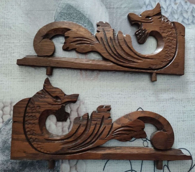 12" Pair Antique French Wood Carved Oak Gothic Dragon Pediment Architectural
