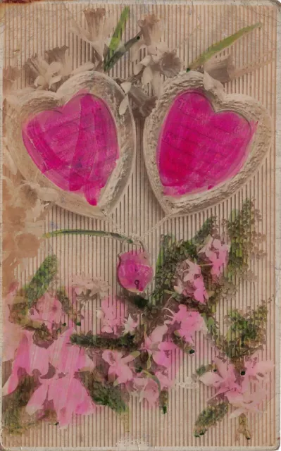 Valentines Wedding Love Hearts Flowers Padlock c1918 Vintage Postcard