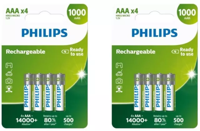 8 x Philips AAA 1000mAh Rechargeable Batteries| NiMH | HR03 | 1.2V |Ready To Use