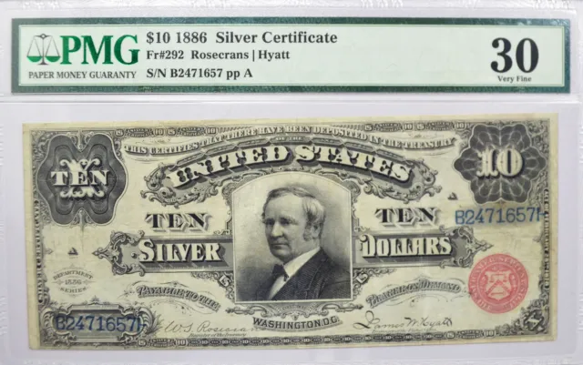 Series Of 1886 $10 Silver Certificate Tombstone Fr#292 PMG VF30 Minor Repair