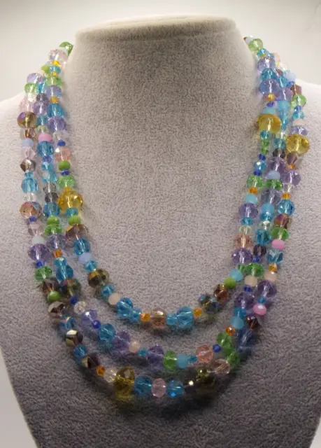 Vintage Czech Crystal Glass Bead Multi Pastel Color 3 Strand Necklace Faceted