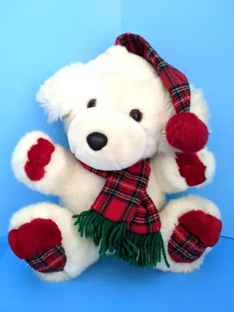 Walmart 11" White Christmas Teddy Bear w Plaid Scarf/Hat and red paws.    107