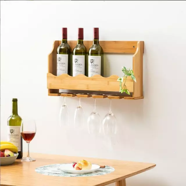 Bamboo Wall Mounted Wine Rack Bottle & Glass Holder Storage Shelf Organizer 2