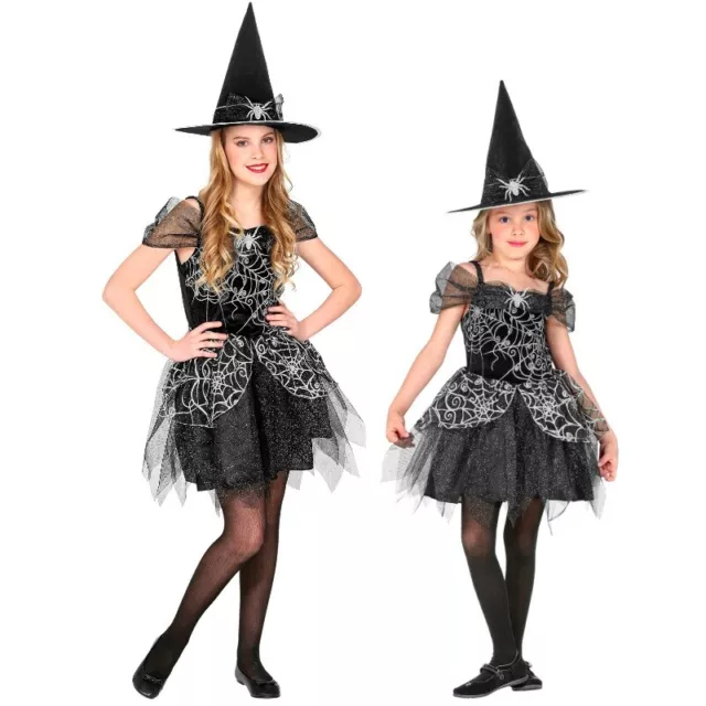 TOP Hexenkostüm Kleid mit Hut Kinder Spinnennetz Hexe 104-158 Karneval Halloween