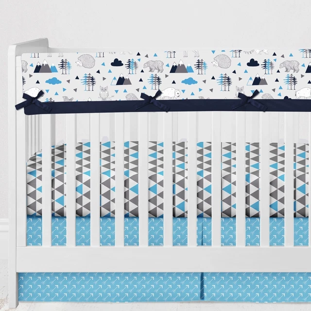 Long/Small Crib Rail Guard Covers Cotton Woodlands Aqua/Navy/Grey