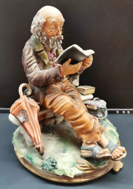 Capodimonte by Milio Figure Old Man With Glasses  Reading a Book on Bench MI108