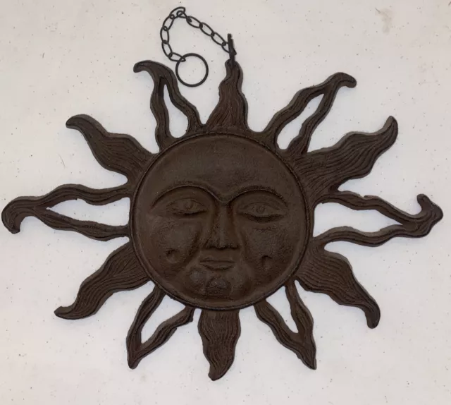 Sun Face Rays Wall Plaque Sign Cast Iron Heavy Duty Rustic Antique Look Brown