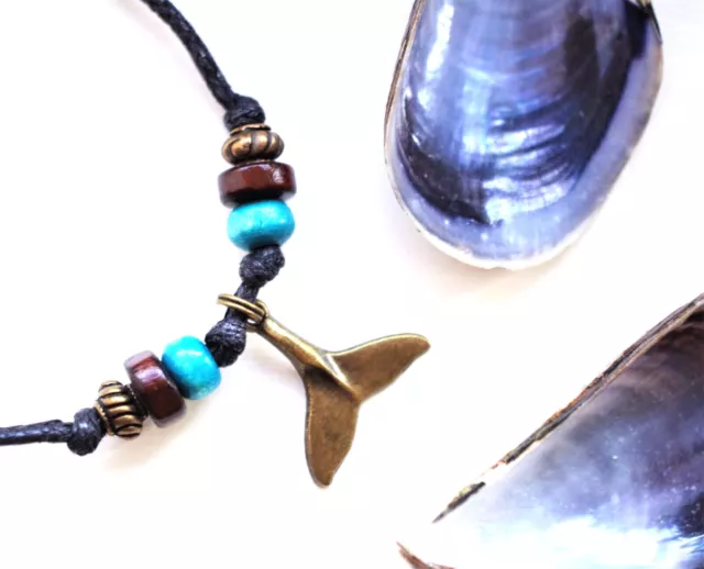 Whale Tail Necklace Mens Bronze Choker Pendant Black Cord Surfer Jewellery Him