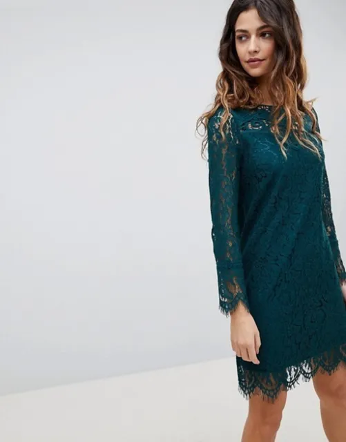 NWT Oasis Size 10 Shift Dress Green Lace Long Sleeve Cotton Polyester Blend
