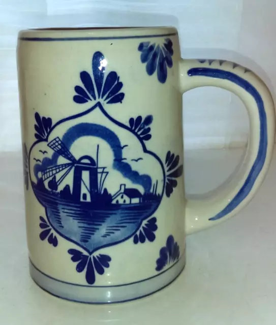 Vintage Ceramic Hand Painted Delft Blue Coffee Mug, 5" Tall