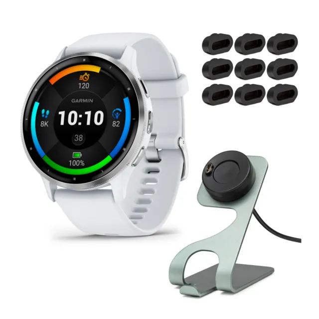 Garmin Venu 3 Smartwatch (Silver/Whitestone) with Charging Stand and Port Plugs