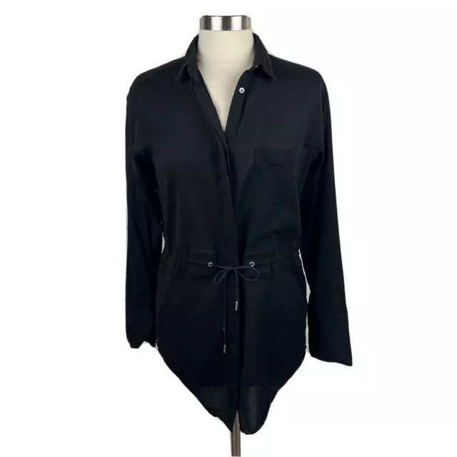 Helmut Lang Top M Womens Black Long Sleeve Button Front Drawstring Cotton