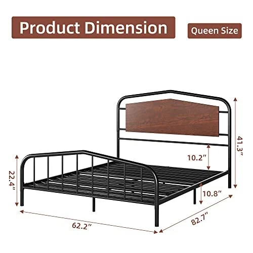 SIZE PLATFORM BED Frame with Rustic Vintage Headboard, Metal Bed Queen