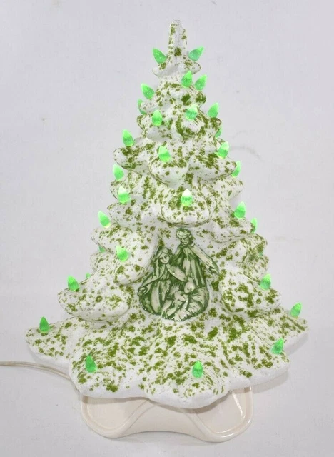 Vintage Ceramic Lit Lighted Nativity Christmas Tree Light White & Green Textured