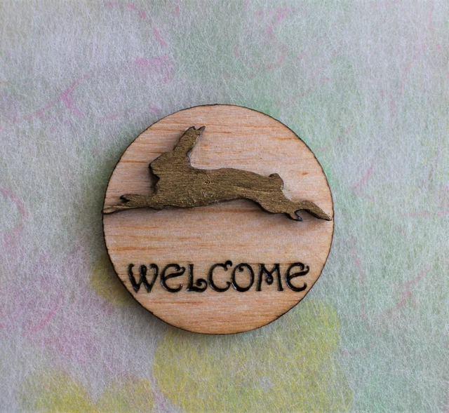Original OOAK Mini Dollhouse Welcome Sign Running Rabbit Gold  N Woolmer