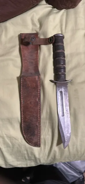 WWII USMC CAMILLUS NY Fighting Knife Fixed Blade with Leather Sheath ...