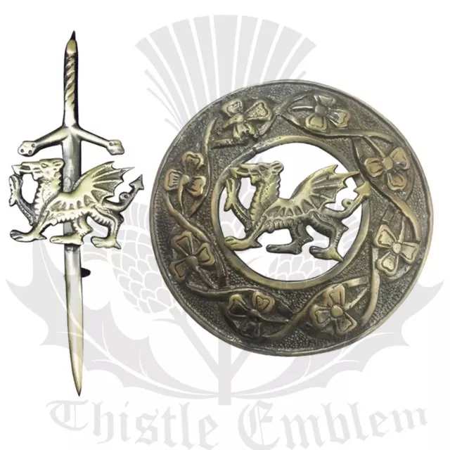 Celtic Welsh Dragon Kilt Fly Plaid Brooch Antique Finish 3" Scottish Kilt Pin 4"