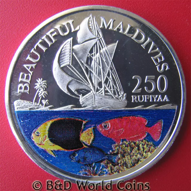 1996 Maldive Islands 250 Rufiyaa Aluminum Proof Colored Fish Maldives Mint=100