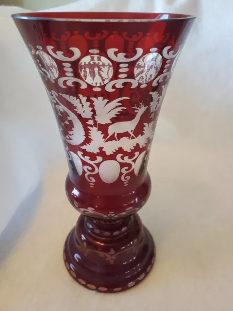 Egermann Vase Stag Deer Ruby Red Cut to Clear 9 1/4" Bohemian Maybe 1920's