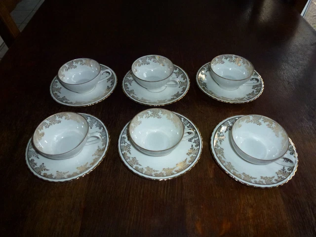 6 Tasses Et Soucoupes A Cafe Veritable Porcelaine De Luxe