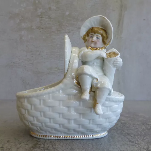 Antique Porcelain Figurine Girl Sitting on Basket numbered Victorian Dish Bowl
