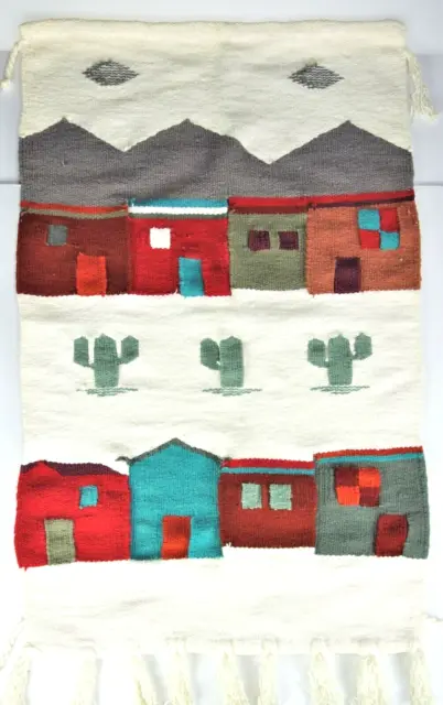 Southwest Dessert Woven Wool Textile Wall Hanging Gray Clouds Cactus Adobe Mount